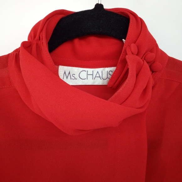 Vintage Ms. Chaus Red Dress 100% Polyester Hidden Buttons Pockets Sheer 10 - Picture 9 of 12